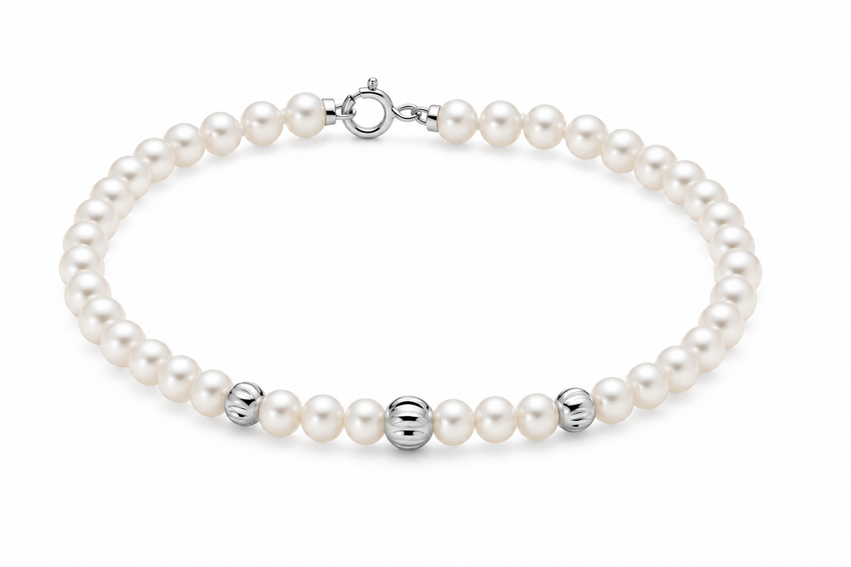 Bracciale da Donna con perle e sfere bianche intagliate in oro bianco 750 Miluna