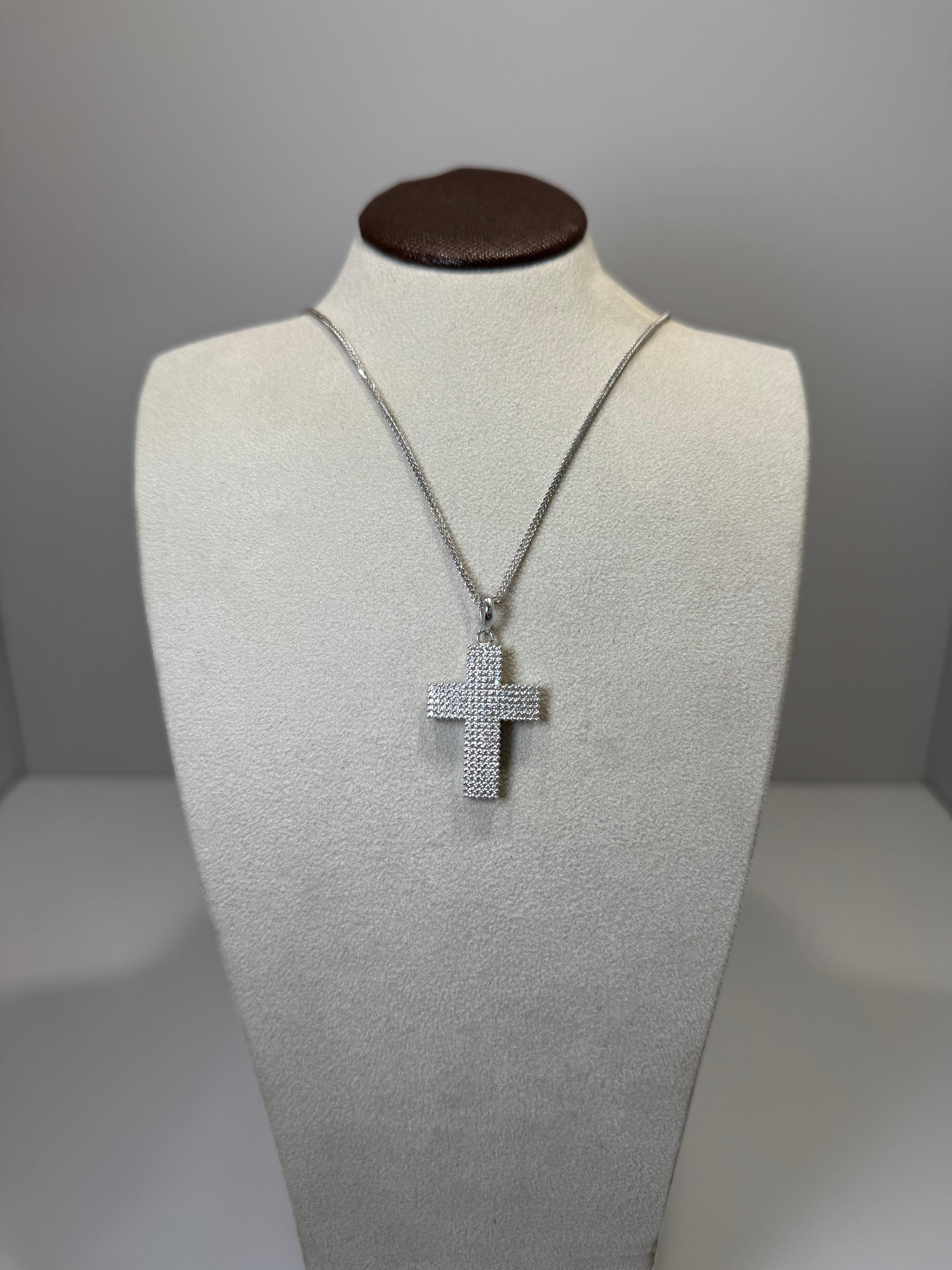 Collana Unisex con Croce Pavé in Oro Bianco 18kt e Zirconi