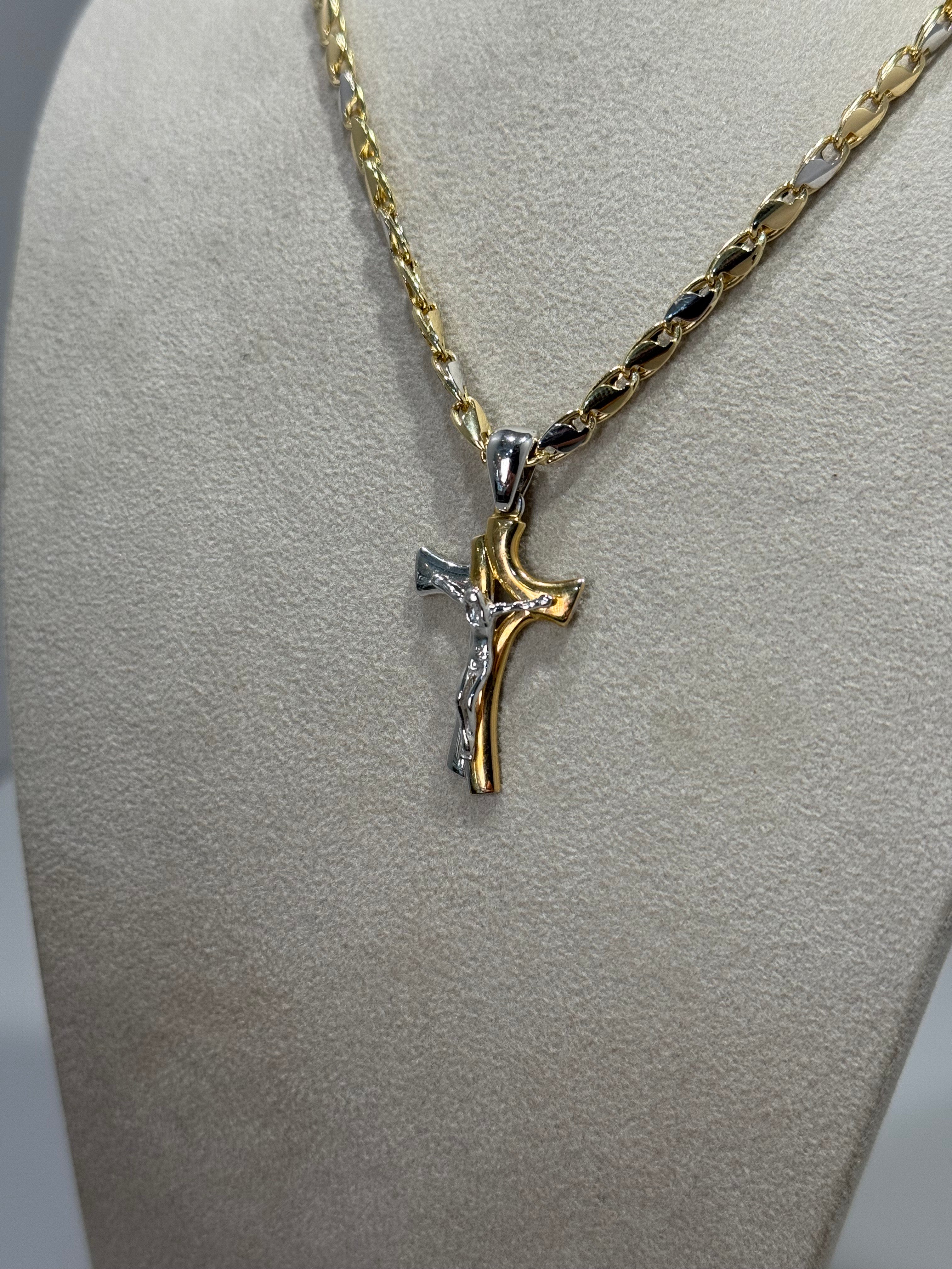 Collana con Crocifisso Bicolore in Oro Giallo e Bianco 18Kt