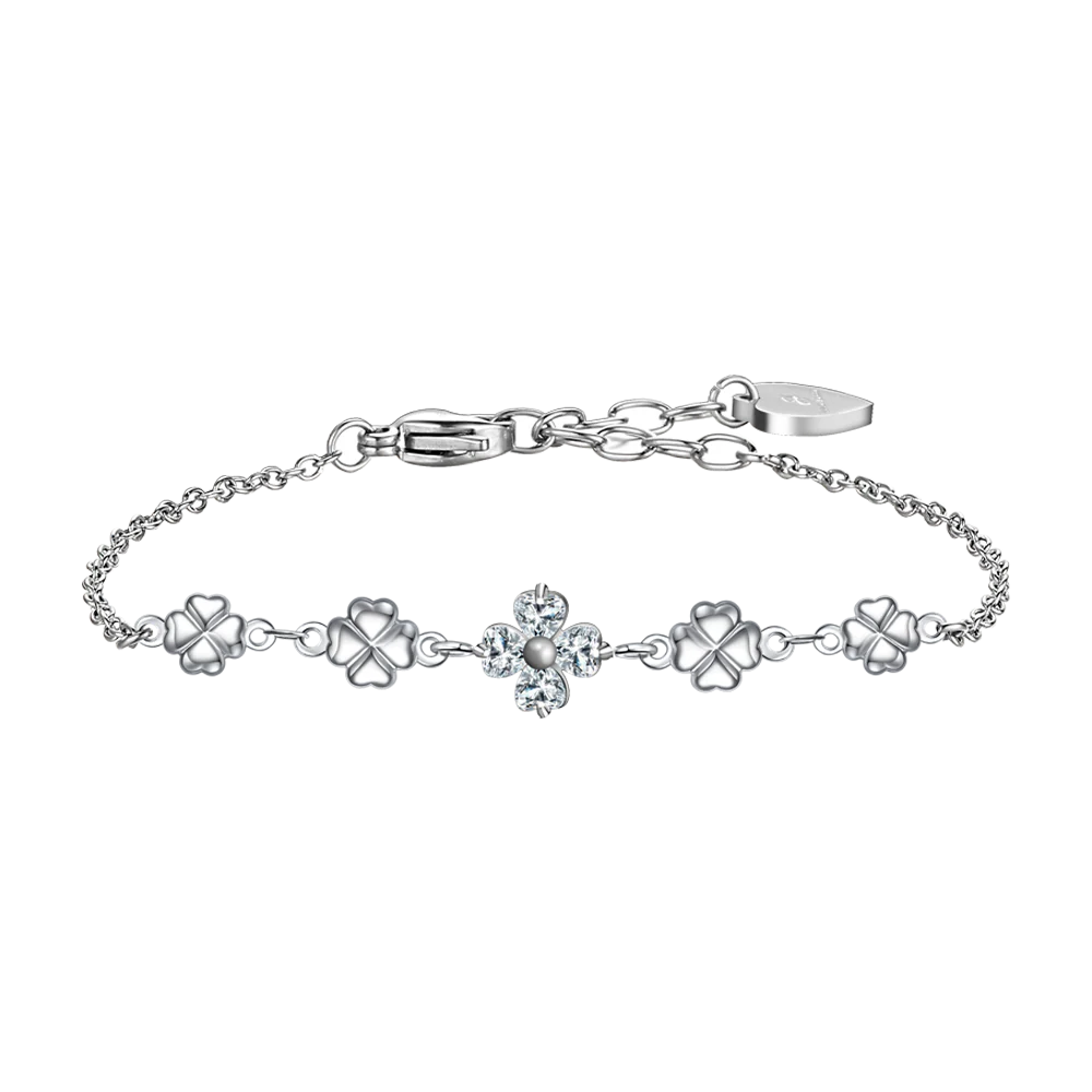 BRACCIALE IN ACCIAO CON QUADRIFOGLI E ZIRCONI BIANCHI LUCA BARRA LB BK2748