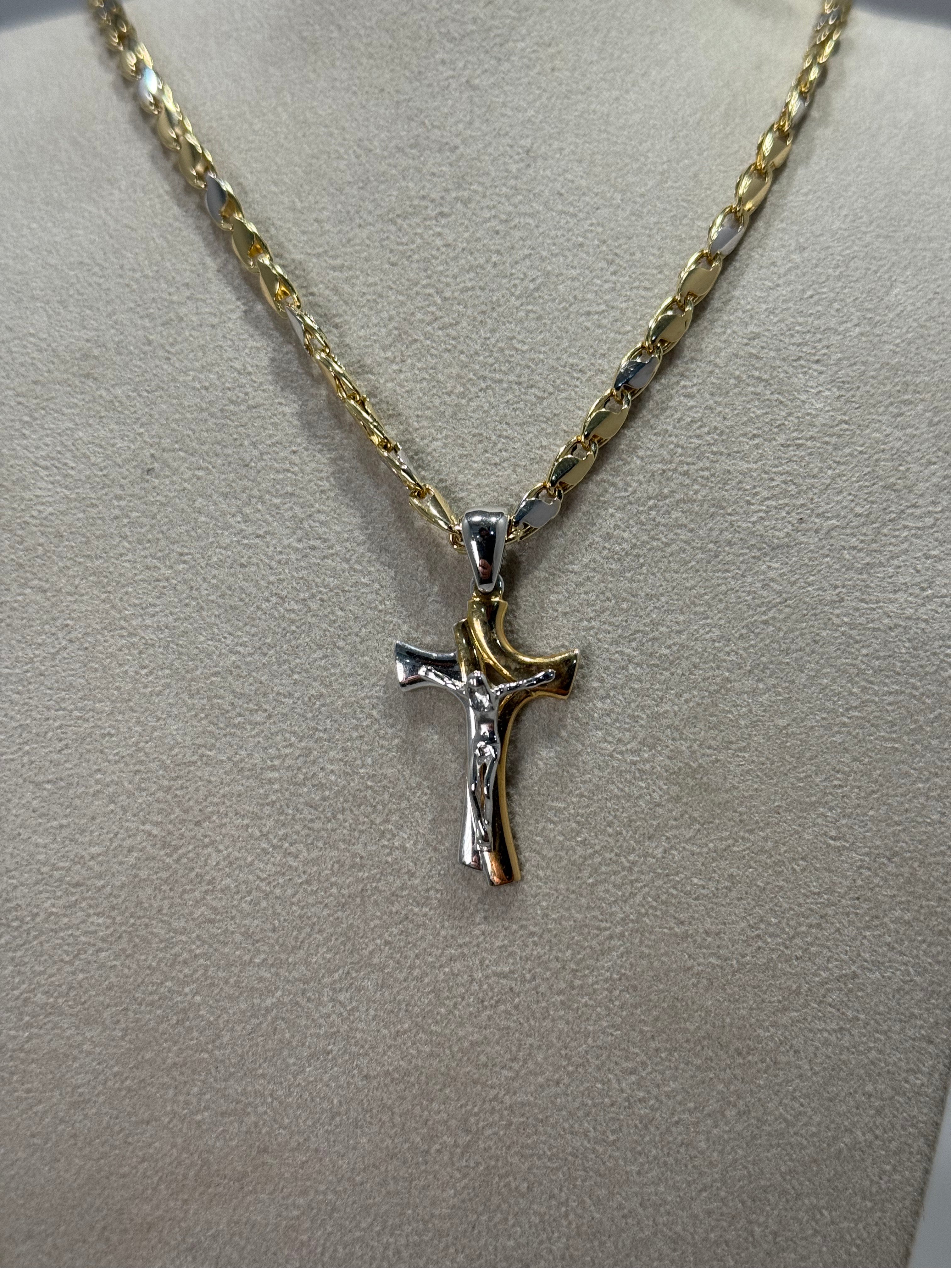Collana con Crocifisso Bicolore in Oro Giallo e Bianco 18Kt